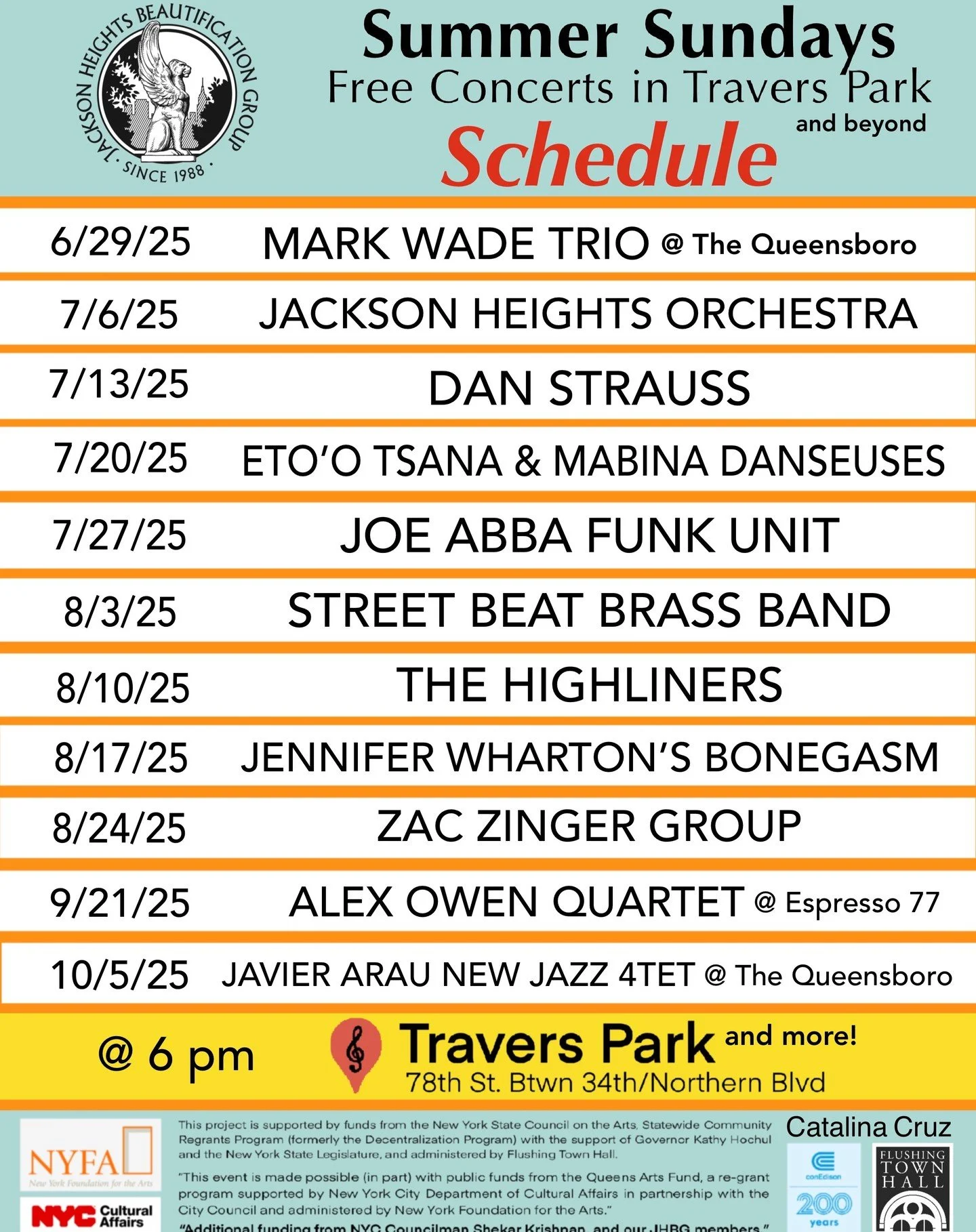 🎶 Summer Sundays are back!
Join JHBG every Sunday at 6 PM for free live music in Jackson Heights, Queens, starting at Travers Park and stretching into fall with Summer Sundays Plus 🌆🎤
🎺 2025 Lineup includes:
&bull; Mark Wade Trio (intimate classi