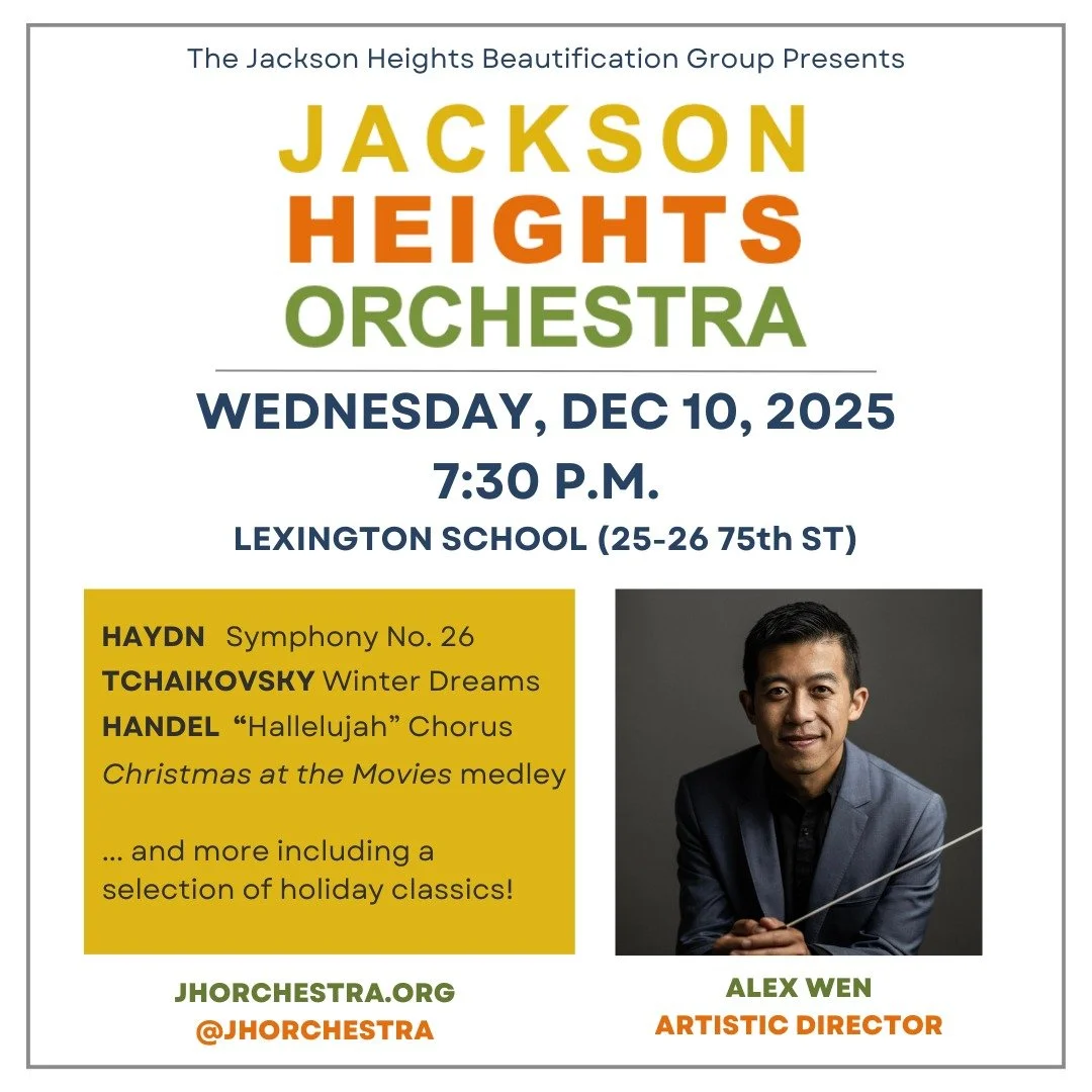 Join the @jhbgny and the Jackson Heights Orchestra for a magical evening of holiday classics on Wednesday December 10, 2025 at 7:30pm at Lexington School for the Deaf, 25-26 76th Street, East Elmhurst NY.

There is an open parking lot in front of @le