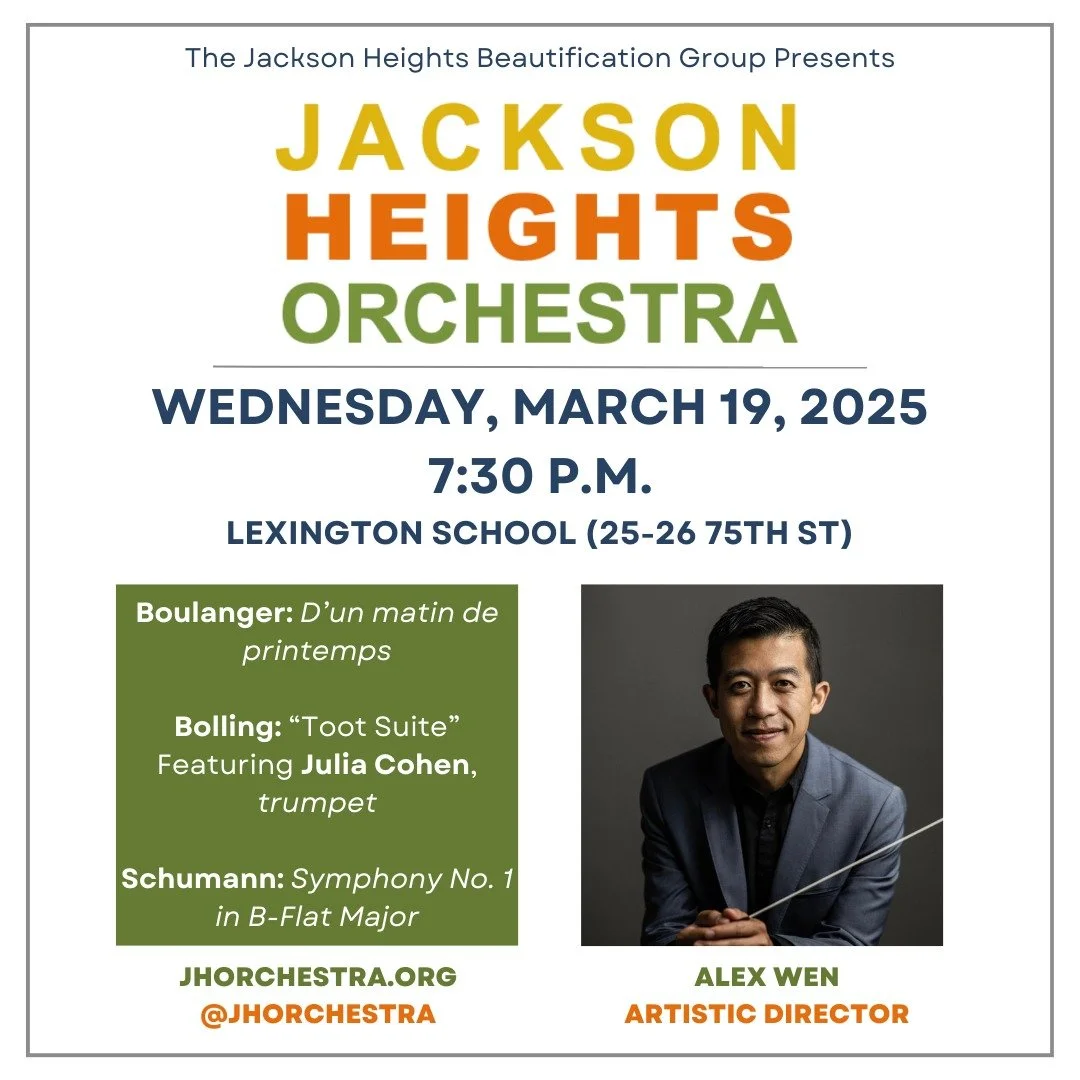 Mark your calendars for the next @jhbgny Jackson Heights Orchestra concert on Wednesday March 19, 2025 at 7:30pm at Lexington School for the Deaf, 25-26 76th Street, East Elmhurst NY.

There is an open parking lot in front of @lexdeafnyc for attendee