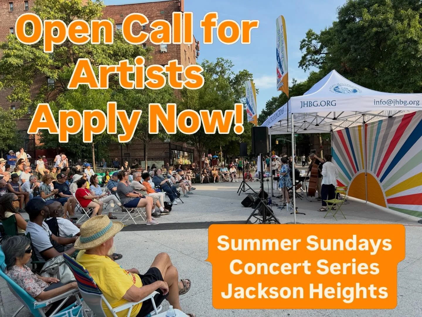 🎶 NOW ACCEPTING ARTIST APPLICATIONS &mdash; SUMMER SUNDAYS 2026 🎶

JHBG is now booking the 2026 season of Summer Sundays in the Park, a weekly concert series in Jackson Heights, Queens.

If you&rsquo;re an artist or band ready to perform for a real