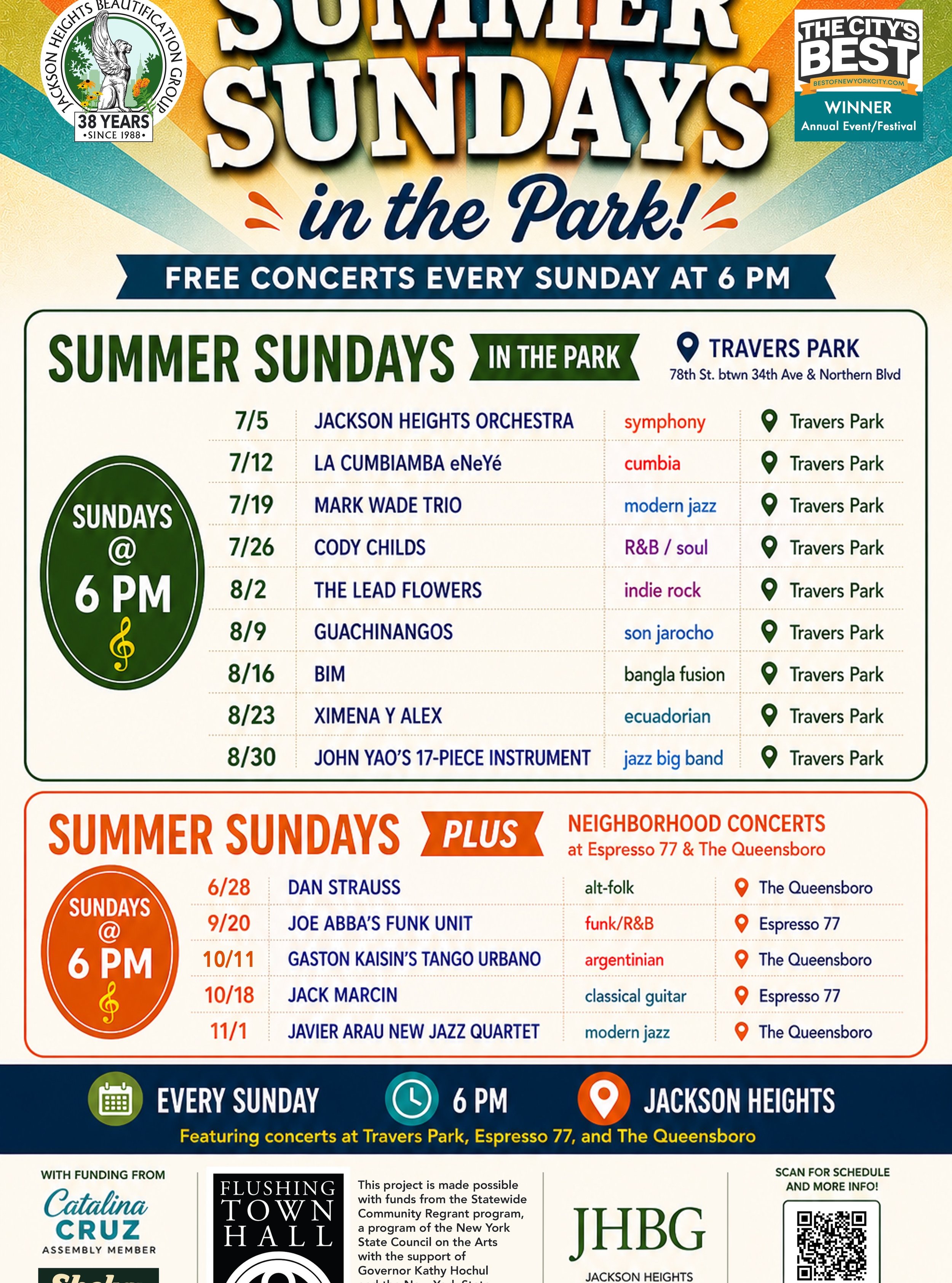 SUMMER SUNDAYS 2026
🎶 Summer Sundays is Back!

Join us for another season of free outdoor concerts celebrating the incredible cultural diversity of Jackson Heights.

From symphony and jazz to cumbia, Bangla fusion, son jarocho, Ecuadorian music, ind