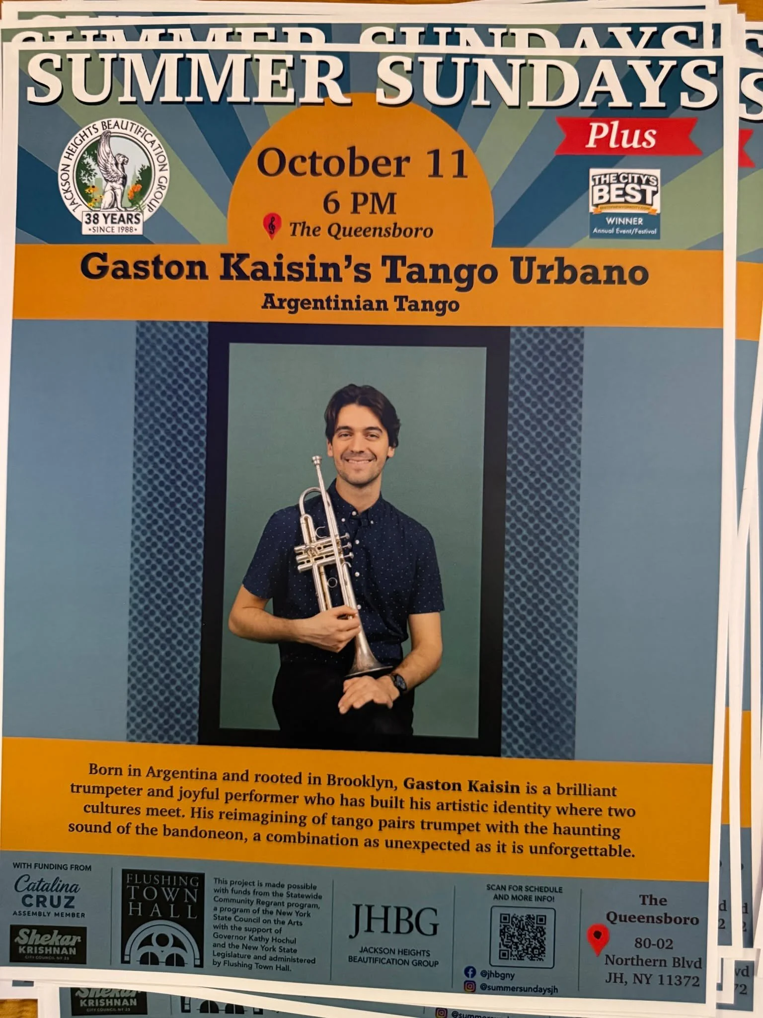 🎺 Summer Sundays Plus continues!

Join us Sunday, October 11 at 6 PM for Gaston Kaisin&rsquo;s Tango Urbano, bringing the passion and pulse of Argentinian tango to Jackson Heights!

Born in Argentina and rooted in Brooklyn, trumpeter Gaston Kaisin r