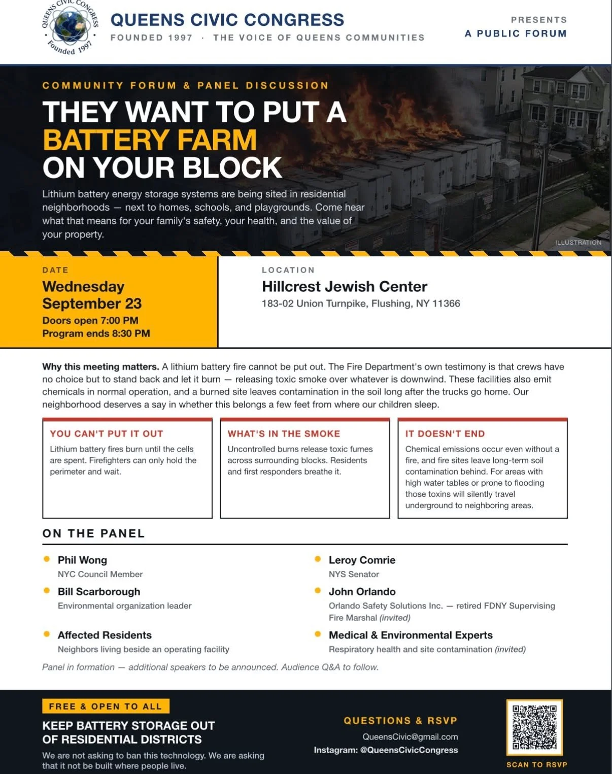 Queens residents are invited to a free community forum and panel discussion about the placement of lithium-battery energy-storage facilities in residential neighborhoods.
Learn more about the potential effects on public safety, health, the environmen