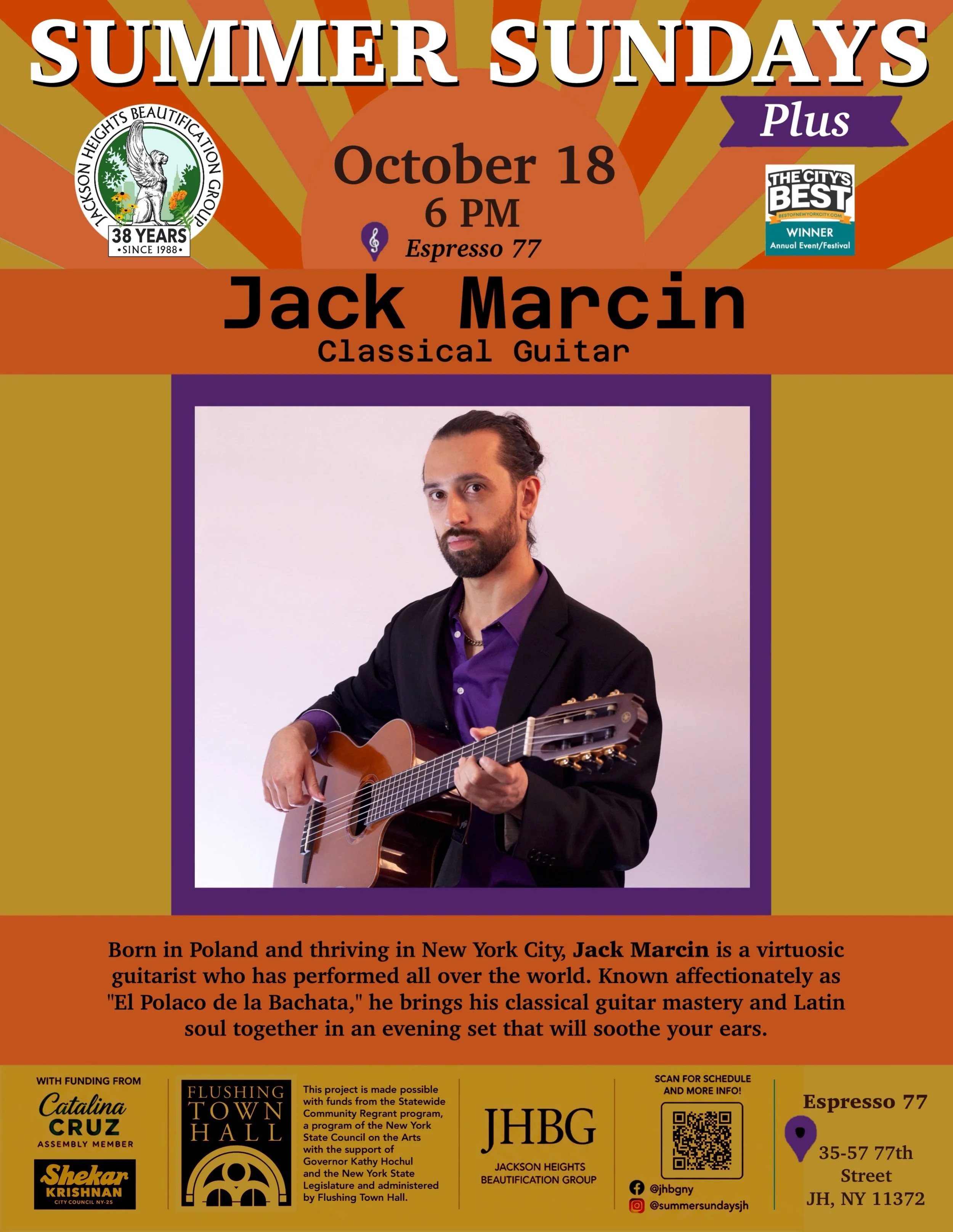 🎸 Summer Sundays Plus continues this Sunday!

Join us October 18 at 6 PM at Espresso 77 for an evening of extraordinary classical guitar with Jack Marcin!

Born in Poland and thriving in New York City, Jack is a virtuoso guitarist who has performed 