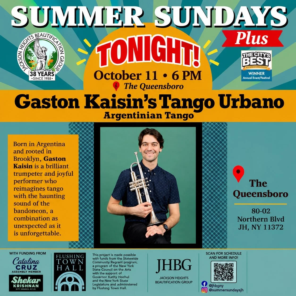 🎶 TONIGHT at The Queensboro! 🎶

Join us this Sunday, October 11, for a wonderful evening of live music, great food, and community at The Queensboro in Jackson Heights!

🍽️ Dinner reservations: 6 PM, dining room

Reservations are encouraged! Book y