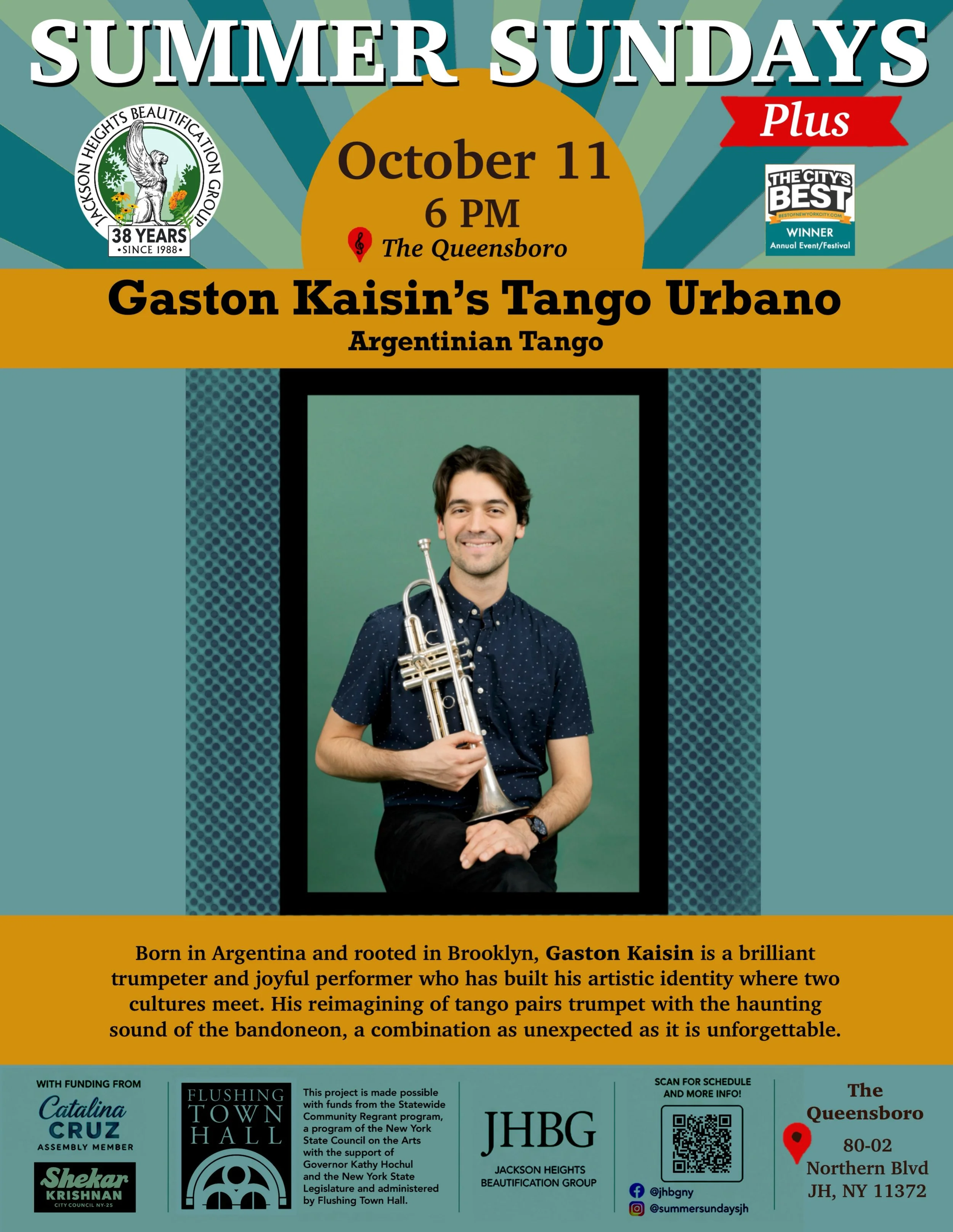 Summer Sundays Plus continues! 🕺🎺

Join us Sunday, October 11 at 6 PM for Gaston Kaisin&rsquo;s Tango Urbano, bringing the passion and pulse of Argentinian tango to Jackson Heights!

Born in Argentina and rooted in Brooklyn, trumpeter Gaston Kaisin