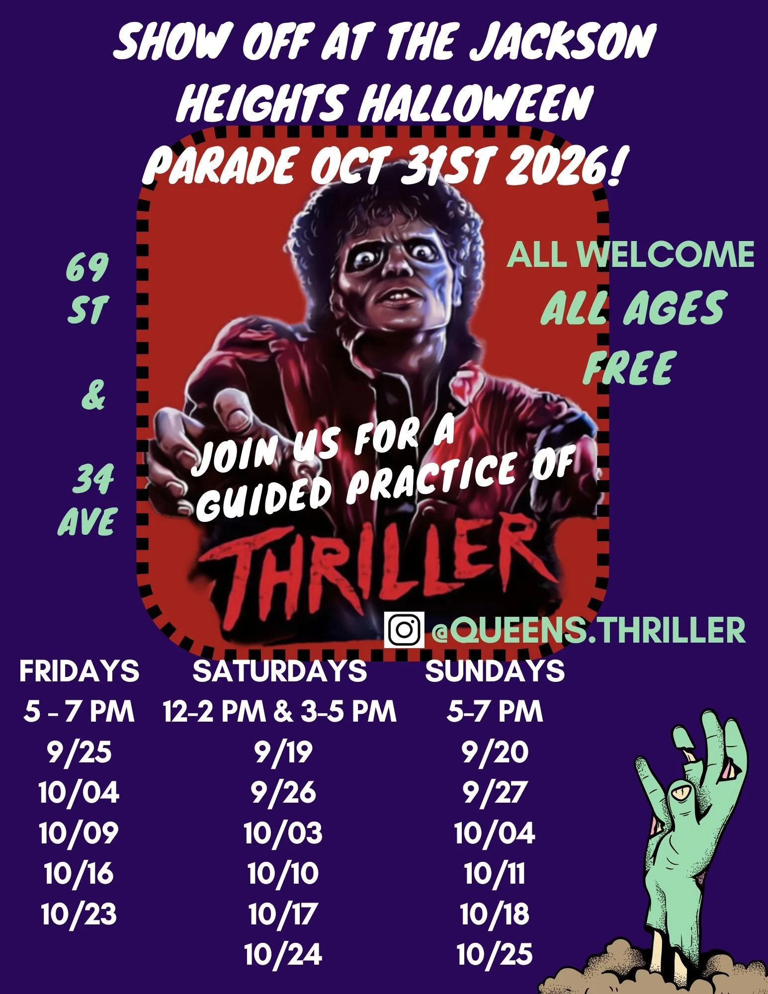 🎃 Learn the moves. Join the parade. Show off your &ldquo;Thriller&rdquo; dance at the 2026 Jackson Heights Halloween Parade!
Free guided practices are happening Fridays, Saturdays, and Sundays at 69th Street and 34th Avenue. All ages and experience 