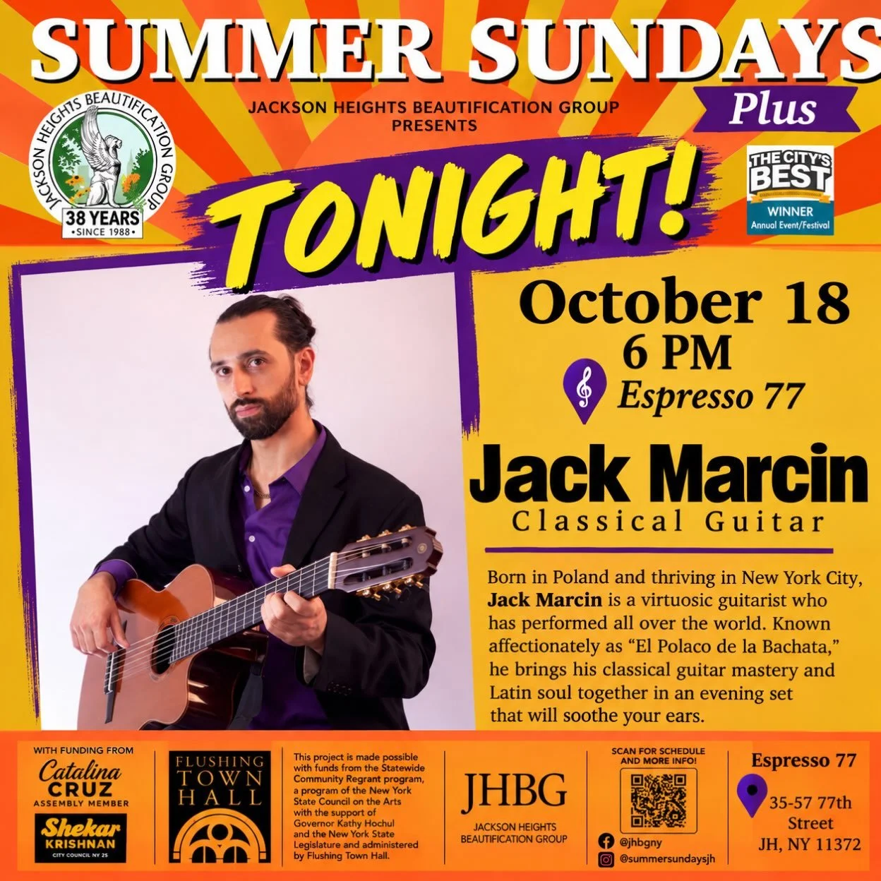 Tonight at 6pm! &iexcl;Vamonos! #classicalguitar #thejackmarcin #summersundaysjh #jacksonheights #jhbgny