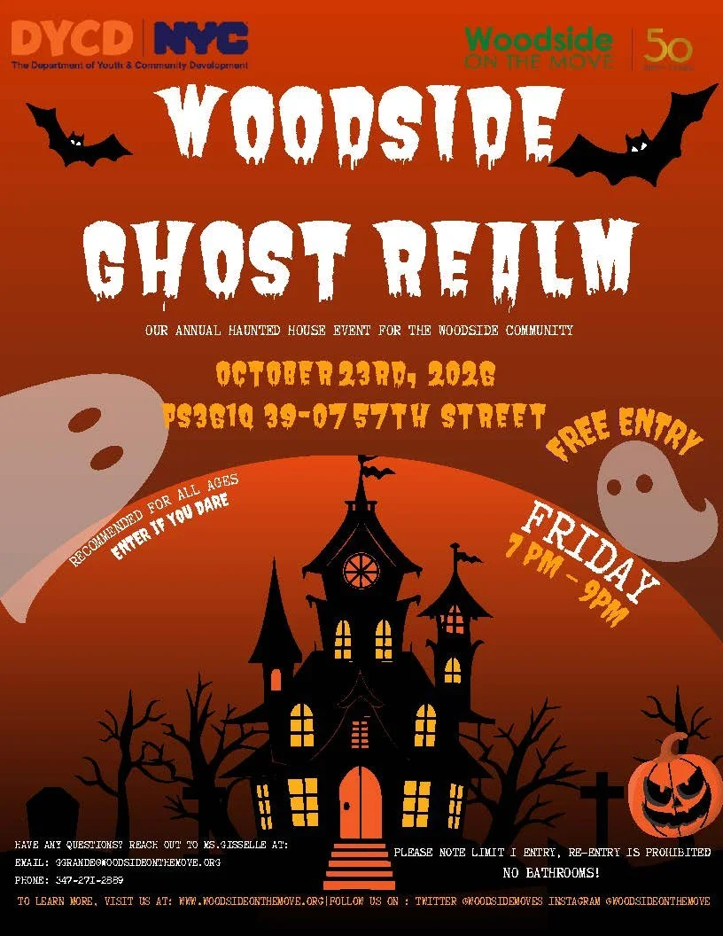 Hey, families!  Woodside On The Move has a Haunted House event TONIGHT!  Take a look at the flyer below.