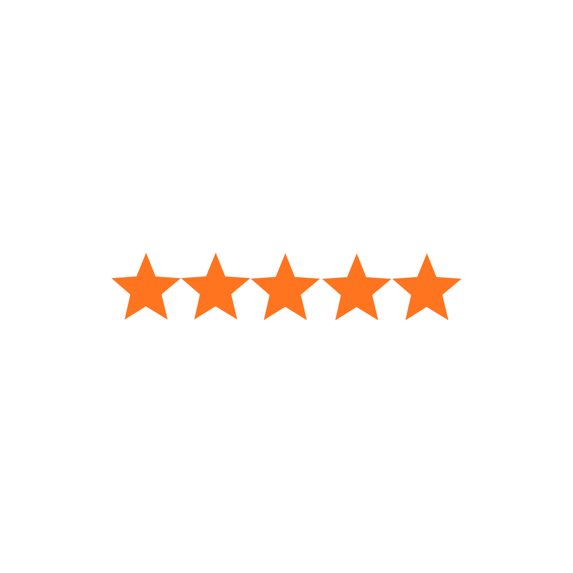 Customer review graphic with five orange stars and five stars filled in, saying 'Excellent' at the top, and customer name and quote below.
