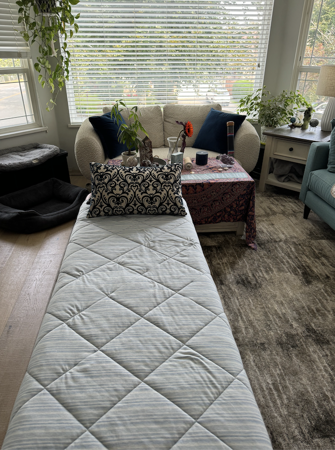 Living room with window blinds, a white sofa with blue pillows, a table with a floral tablecloth, plants, and various decorative items.