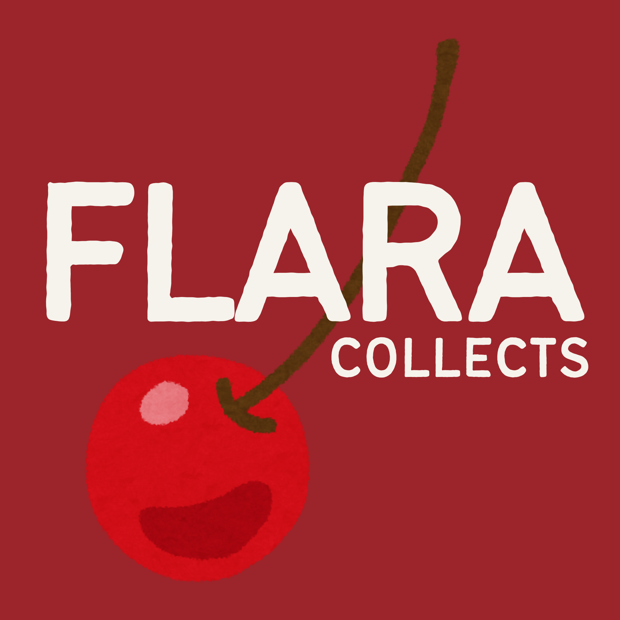 Logo of 'Flara Collects' with a red background, white text, and a stylized red cherry illustration.