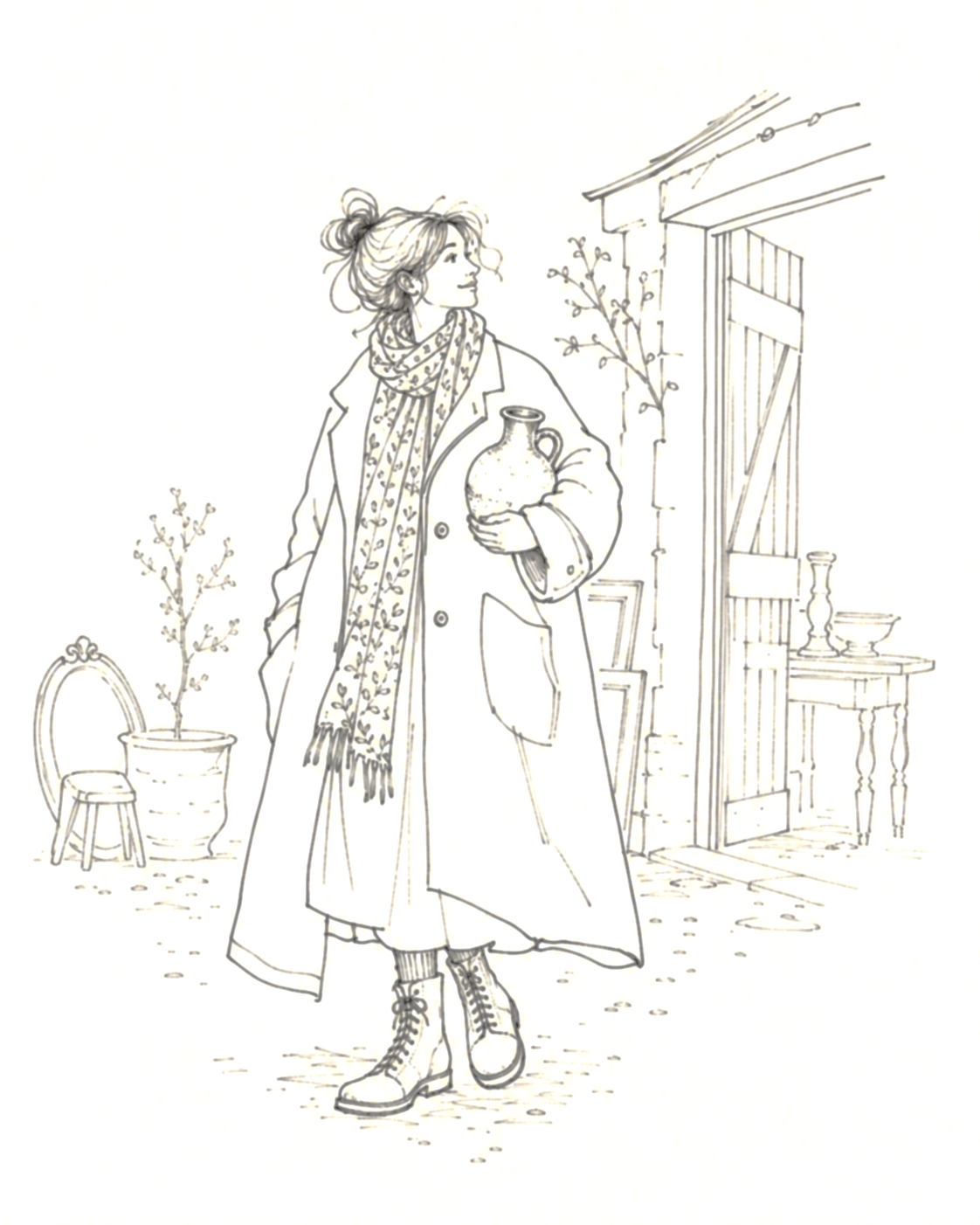 Flara herself -Line drawing of a woman holding a vase, standing near a doorway with a small table and potted plant nearby.