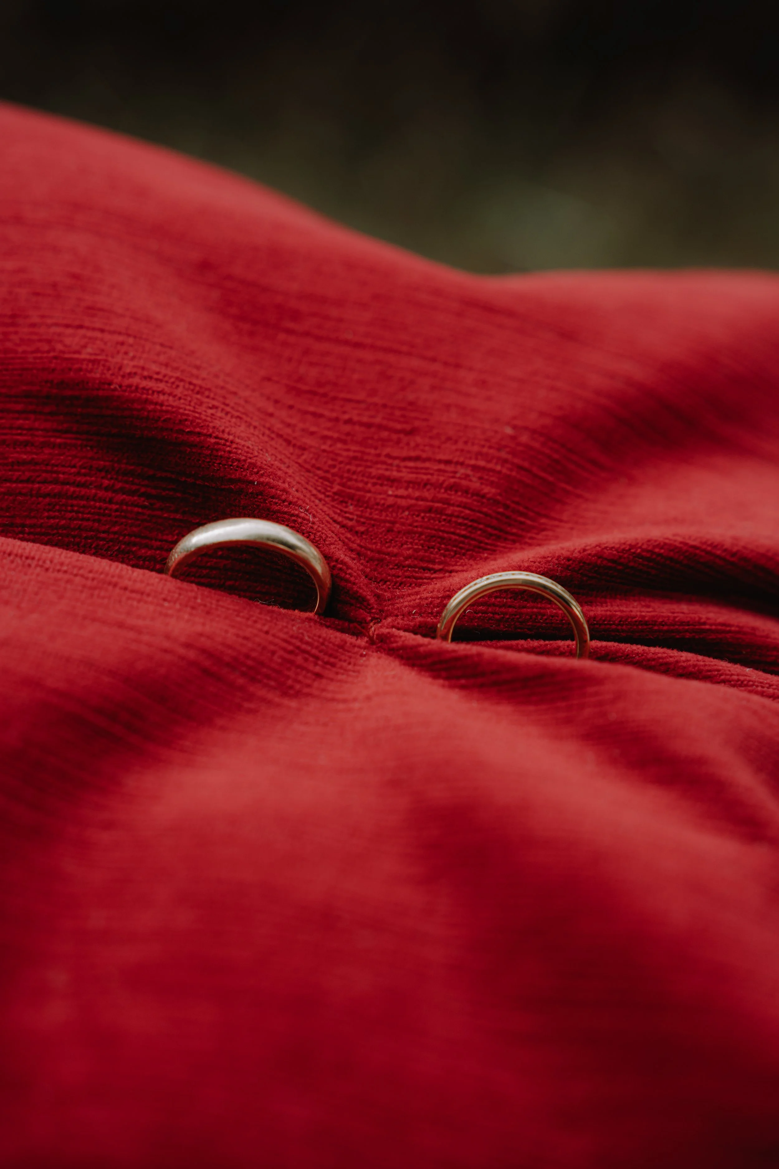 Close-up image of two wedding bands resting on a red fabric surface.