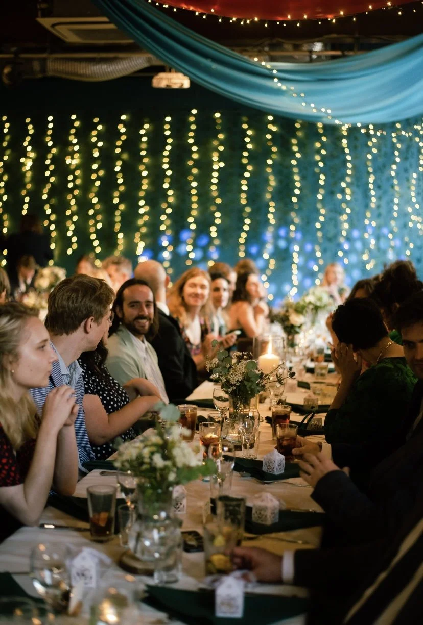 People sitting at a long banquet table decorated with flowers and candles, under hanging string lights and draped fabric, at an indoor celebration or party.