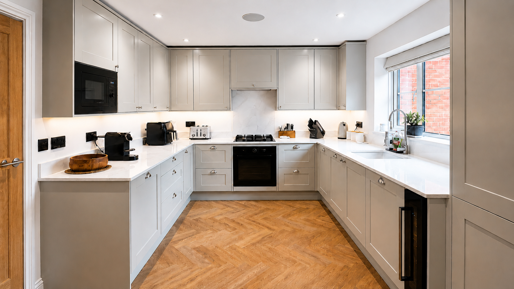 Light shaker kitchen in Reading with white worktops, integrated appliances, fitted wine cooler and warm herringbone flooring by Blacktail Kitchens.