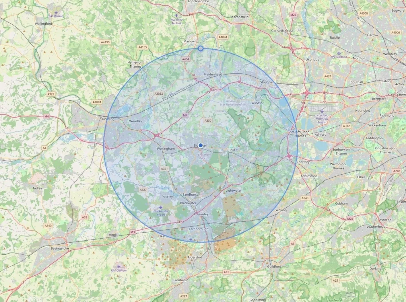 Map showing the Blacktail Kitchens service area across Berkshire and Surrey.