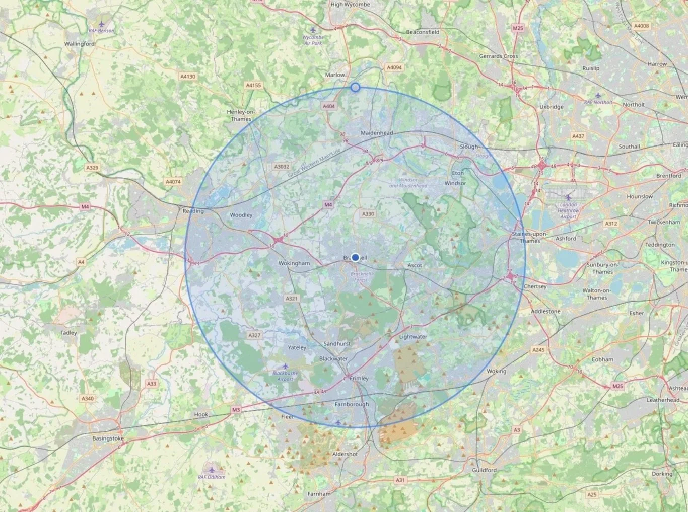 Map showing the Blacktail Kitchens service area across Berkshire and Surrey.