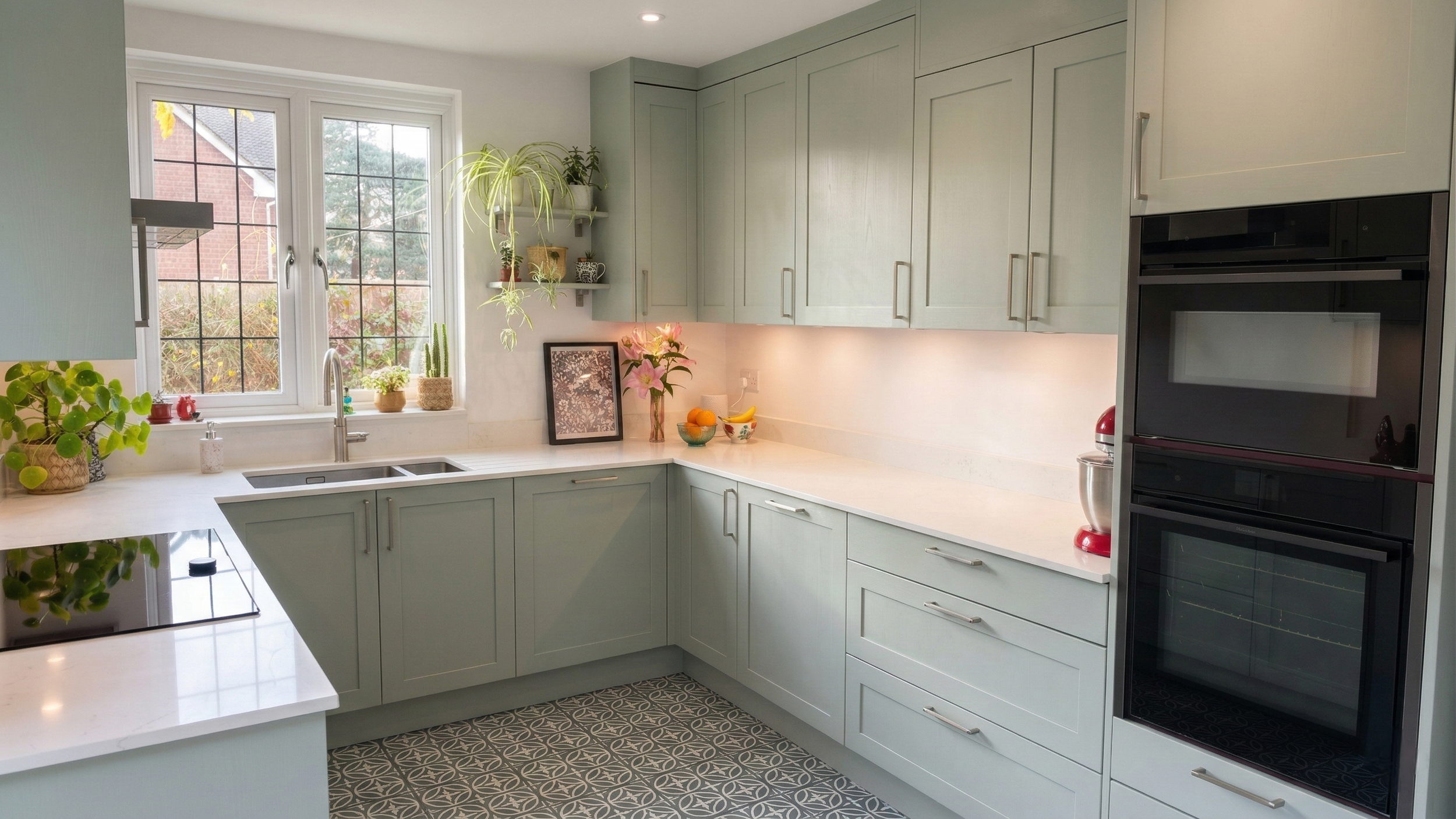 Custom-made Camberley kitchen with sage green fitted cabinetry, integrated ovens, white worktops, window sink area and patterned tiled flooring.