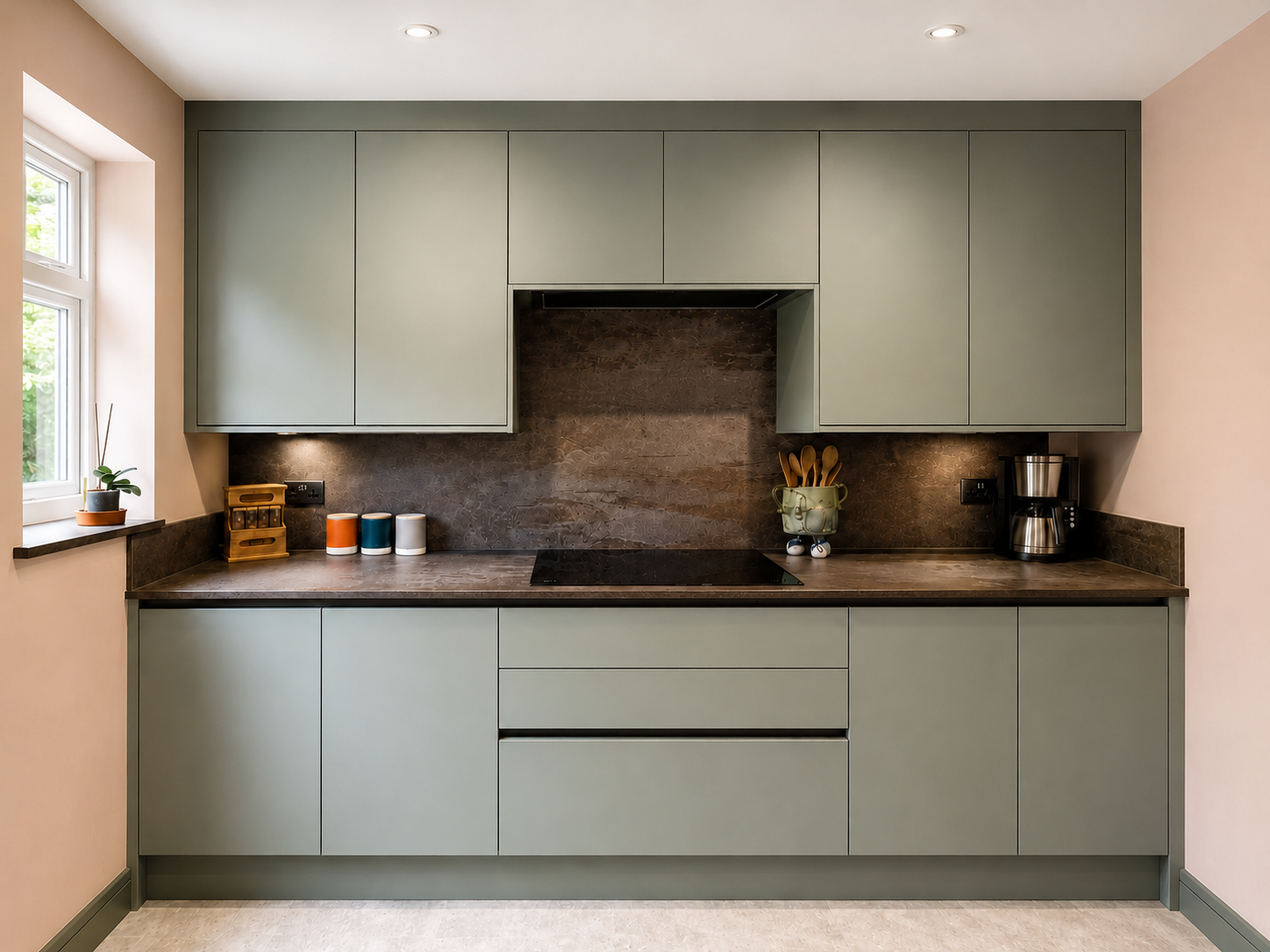 Modern kitchen with sage green cabinets, dark brown quartz worktops, waterfall worktop and backsplash and lvt flooring.