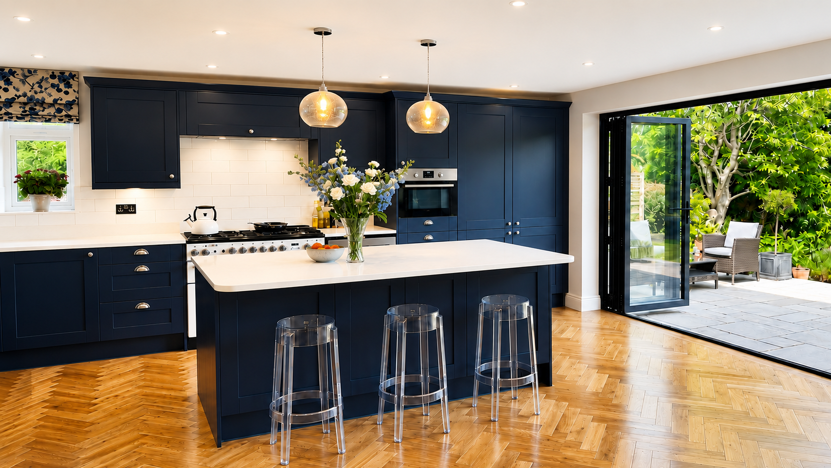 Navy shaker kitchen with white worktops, large island, pendant lighting, herringbone wood flooring and bi-fold doors to the garden by Blacktail Kitchens.