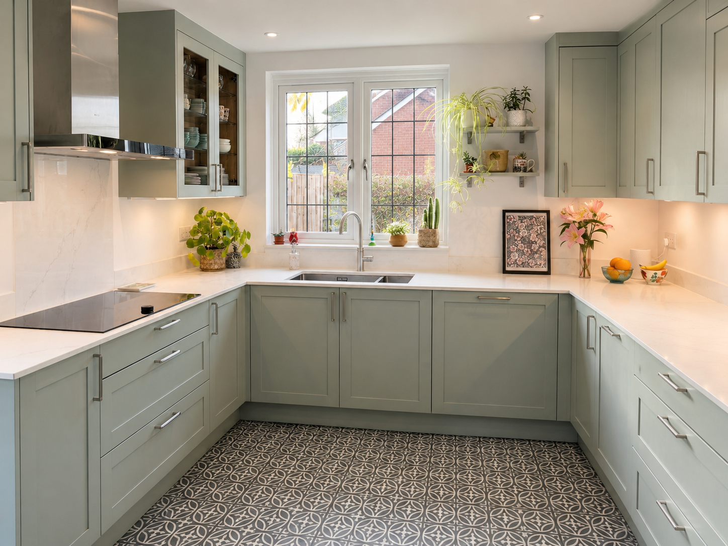 Sage green shaker kitchen installation in Camberley with white worktops, patterned floor tiles, double sink, hob and open shelving.