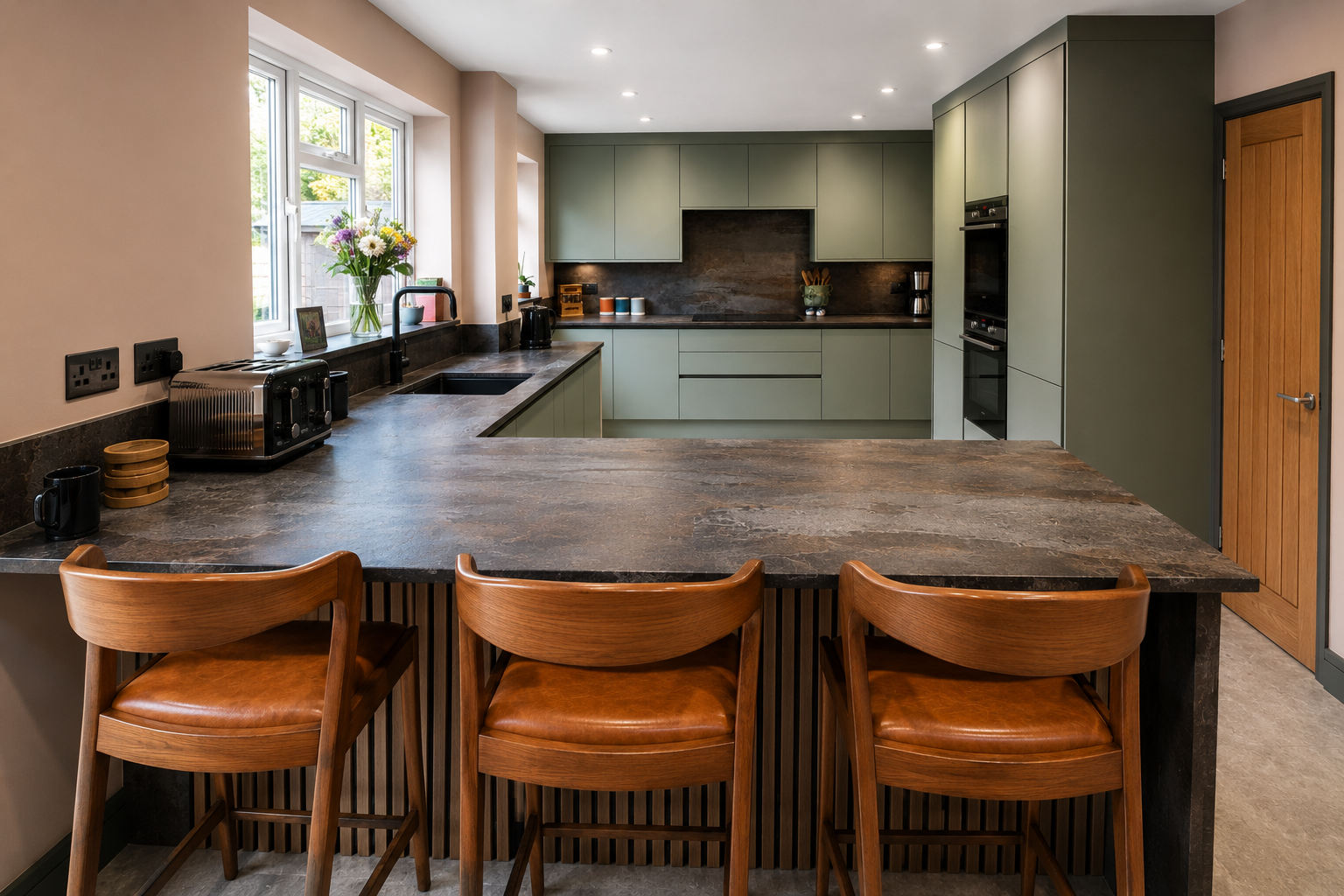 True handleless green kitchen in Warfield with integrated tower ovens, warm pink walls, oak doors, dark quartz worktops and stone-effect LVT flooring by Blacktail Kitchens.