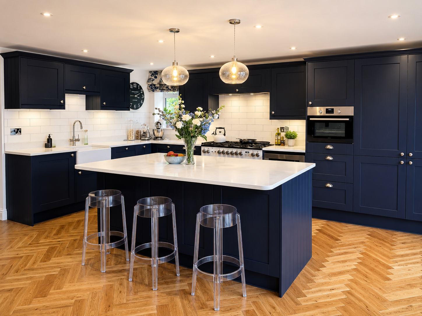 Modern kitchen with navy blue cabinets, white quartz worktops, solid oak herringbone flooring, central island with a flower vase, three transparent bar stools and pendant lights.