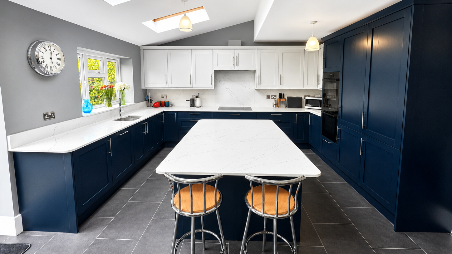 Two-tone navy and white kitchen in Wokingham with a large quartz island, skylights, integrated appliances and grey tiled flooring by Blacktail Kitchens.