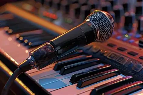 A microphone placed on a keyboard with electronic music equipment in the background