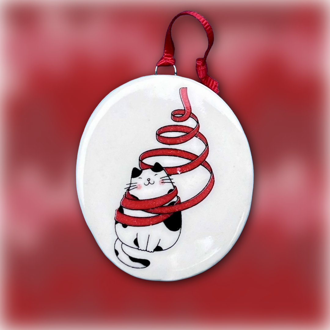 All Wrapped Up — Christmas Cat Porcelain Ornament