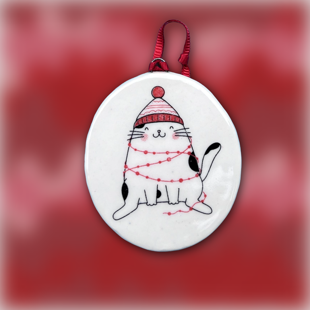 Lightly Tangled — Christmas Cat Porcelain Ornament