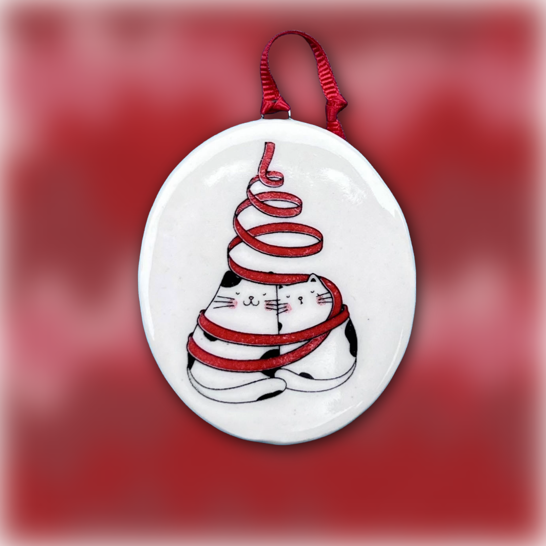 Double Trouble — Christmas Cat Porcelain Ornament