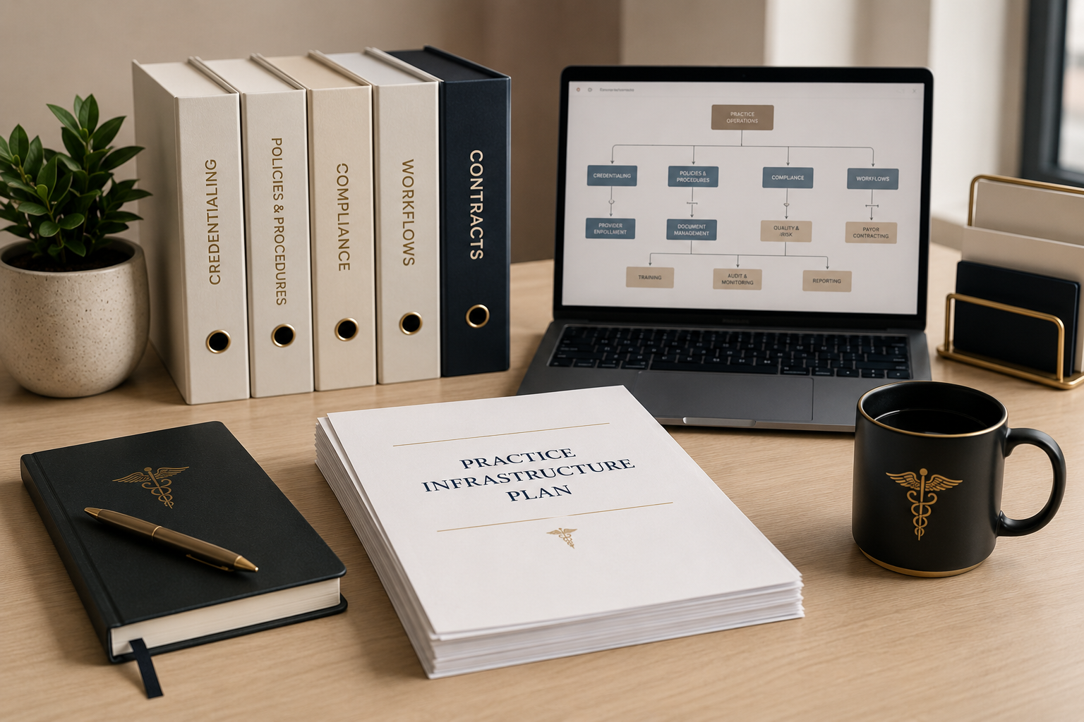An organized workspace with a potted plant, five binders labeled "Credentialing," "Polices & Procedures," "Compliance," "Workflows," and "Contracts," a laptop displaying a flowchart, a black notebook with a gold pen, a stack of papers titled "Practice Infrastructure Plan," a black coffee mug with a gold medical caduceus symbol, and a file organizer on a wooden desk.
