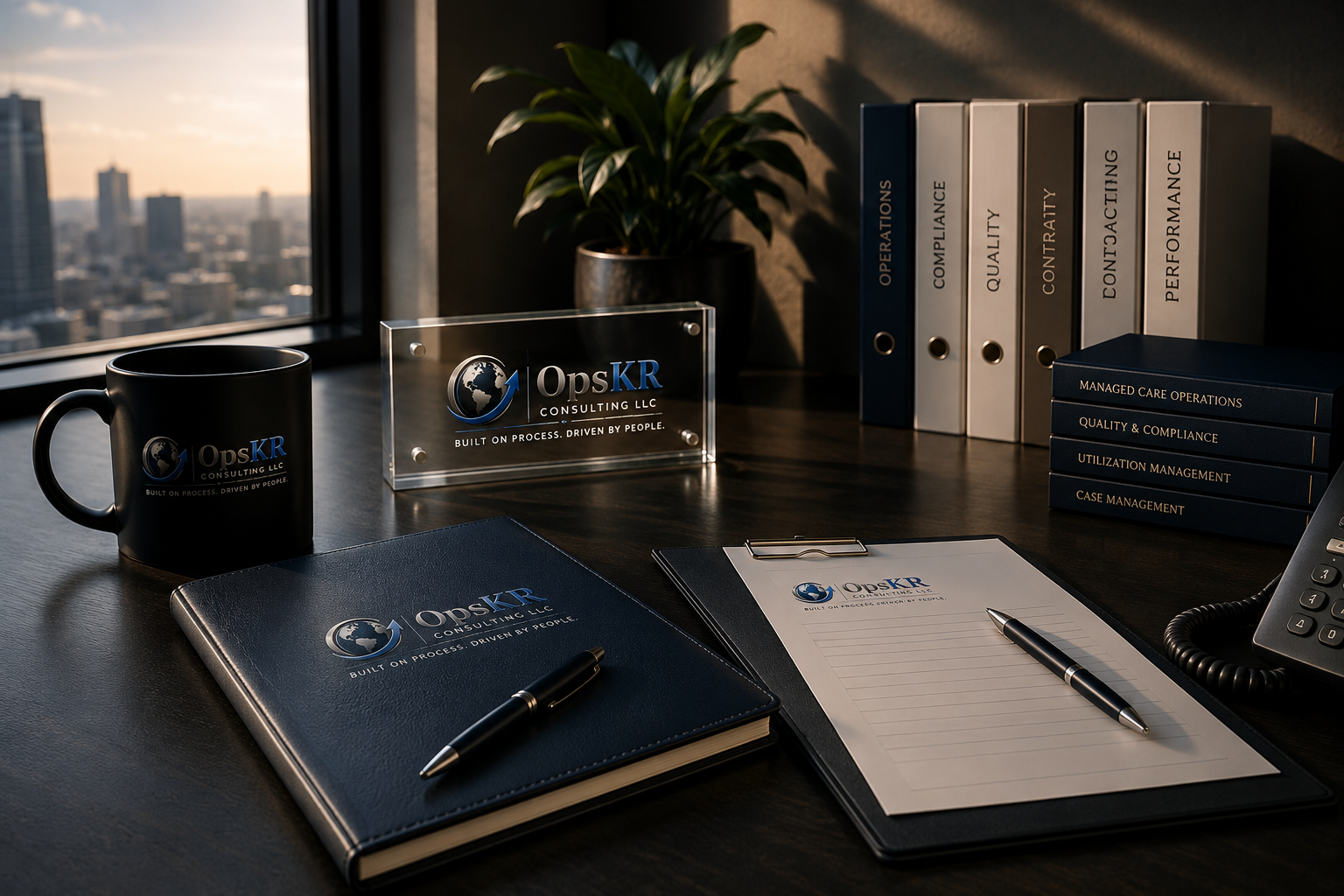 Office desk with OpsKR Consulting LLC branding, including a black mug, a blue notebook, a clipboard with a matching notepad and pen, a stack of binders labeled Operations, Compliance, Quality, Contracting, Contrace, a glass sign, and a potted plant on a wooden table next to a window with a city view.