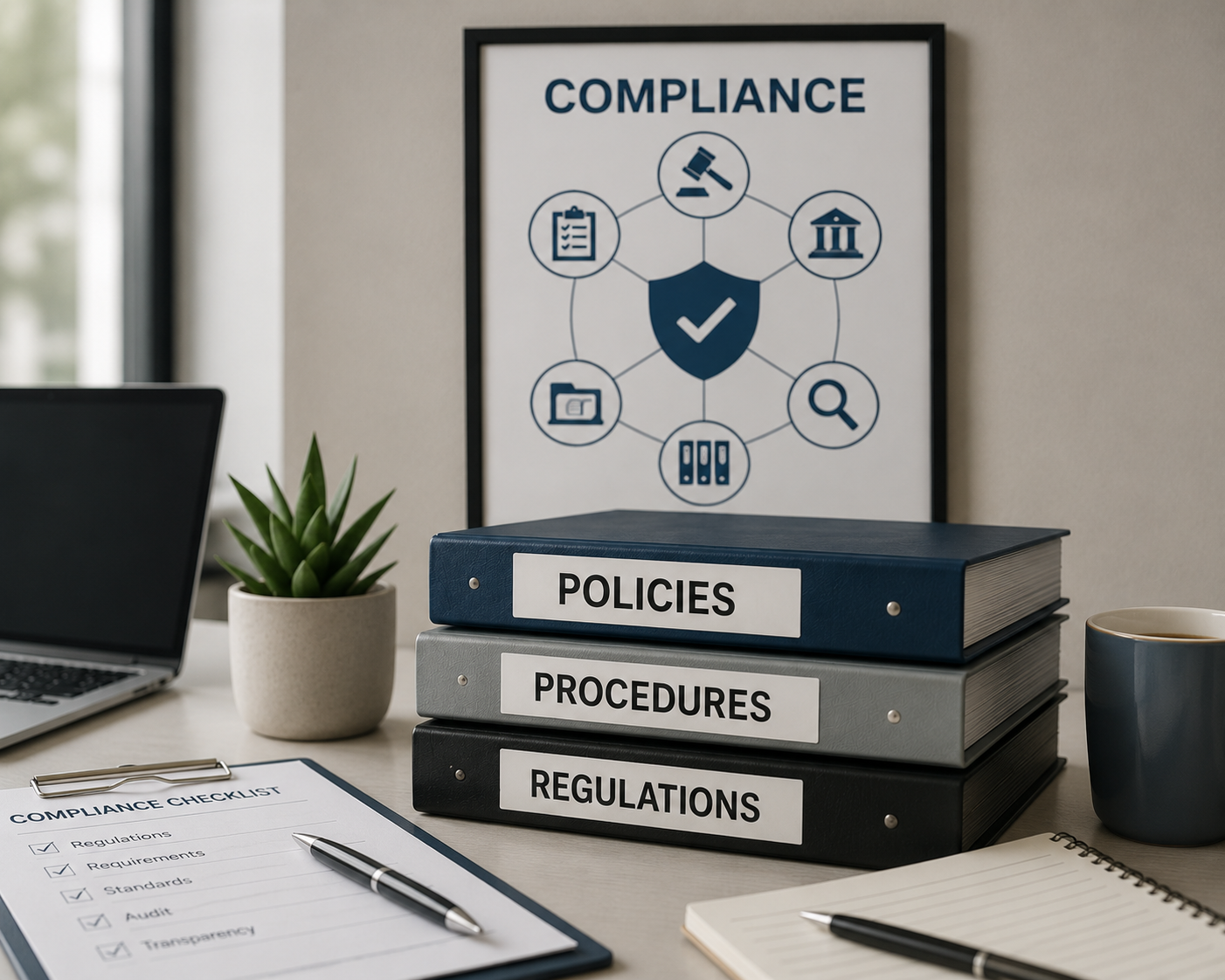 Office desk with compliance materials, binders labeled 'Policies,' 'Procedures,' and 'Regulations,' a compliance checklist, a laptop, a potted plant, a cup of coffee, and a framed compliance infographic on the wall.