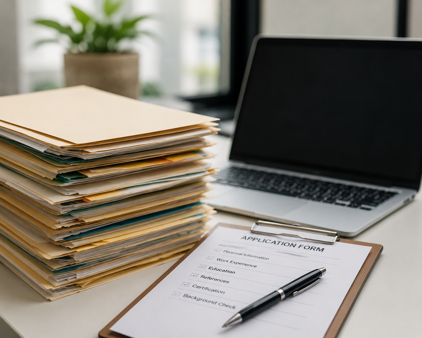 A large stack of folders and papers on a desk, a laptop, and an application form with a pen.