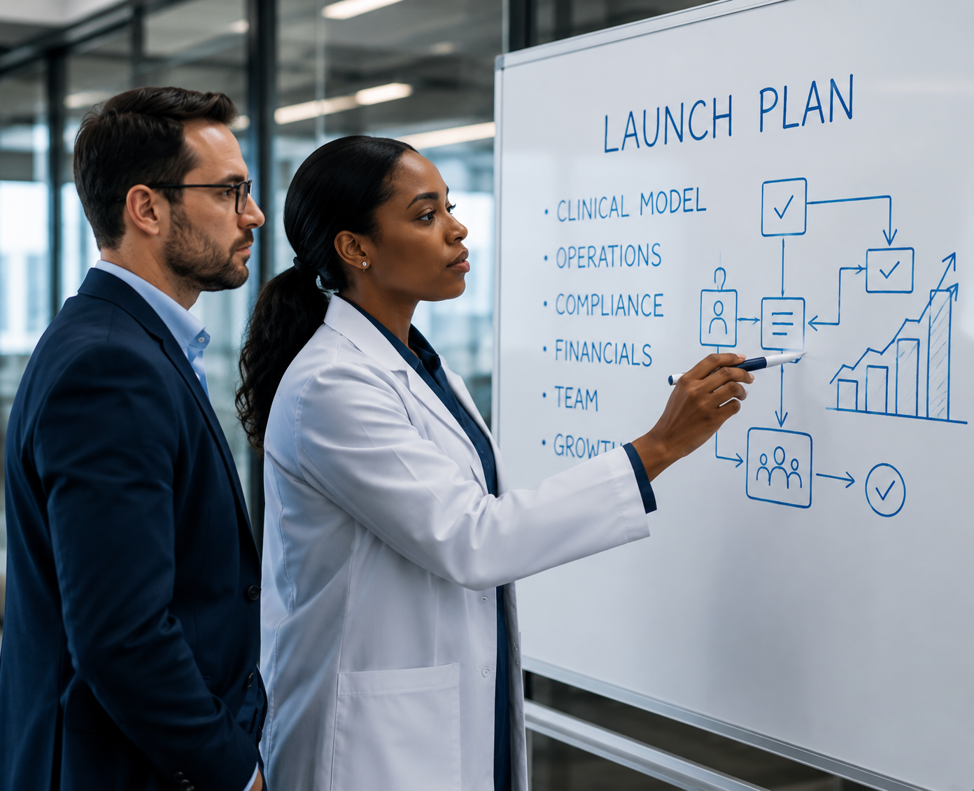 Two professionals, one in a blue suit and glasses and the other in a white lab coat, standing in front of a whiteboard with a launch plan. The whiteboard has a list that includes clinical model, operations, compliance, financials, team, and growth, along with a flowchart and bar graph.