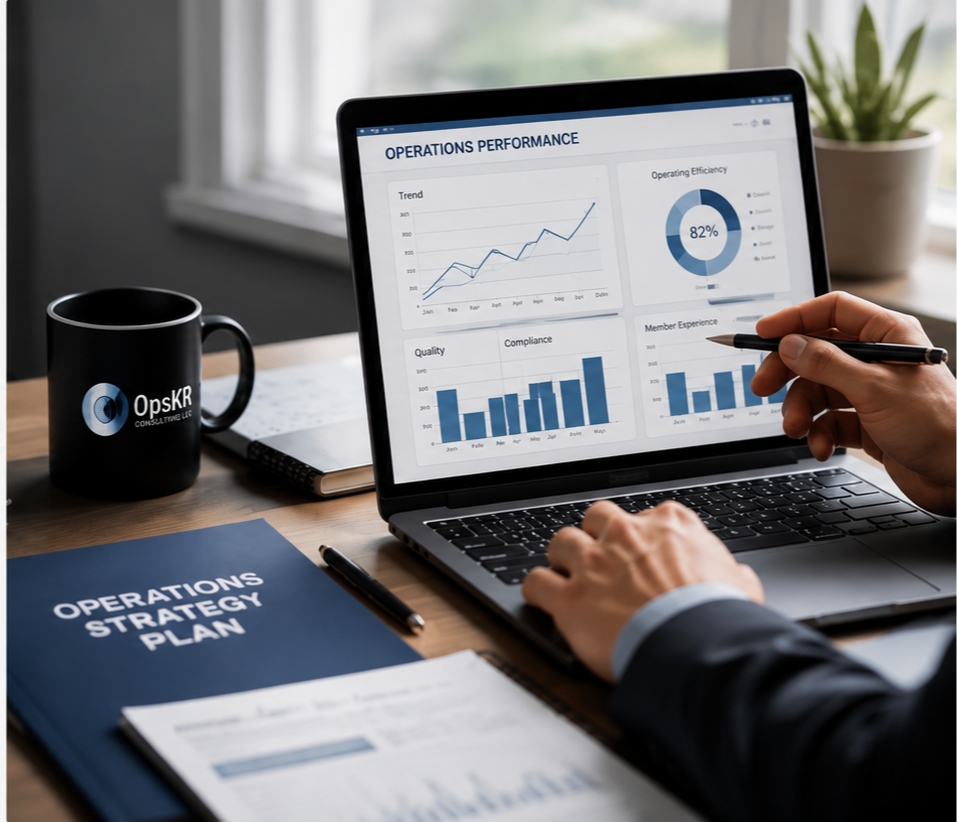 A person analyzing data on a laptop with graphs showing operations performance metrics, including trend, operating efficiency, quality, compliance, and member experience, on a desk with a cup labeled OpsKR, a strategy plan booklet, and notes.