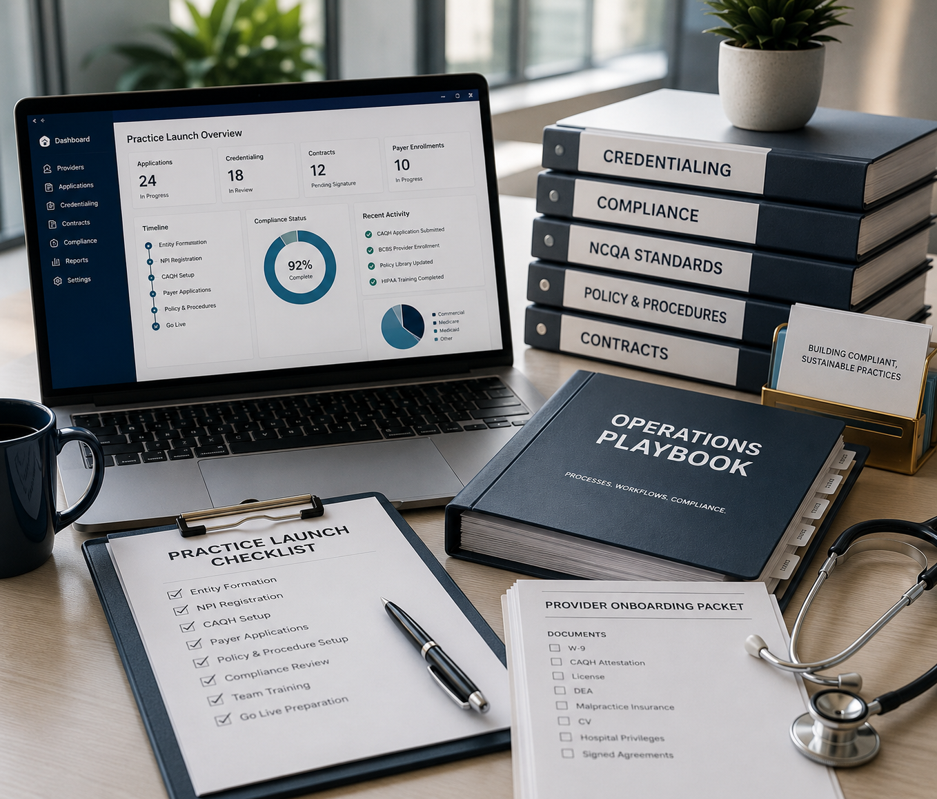 A desk with a laptop displaying a practice launch overview, a clipboard with a launch checklist, a pen, a book titled 'Operations Playbook', binders labeled Credentialing, Compliance, NCQA Standards, Policy & Procedures, and Contracts, a provider onboarding packet, a stethoscope, and a small potted plant.