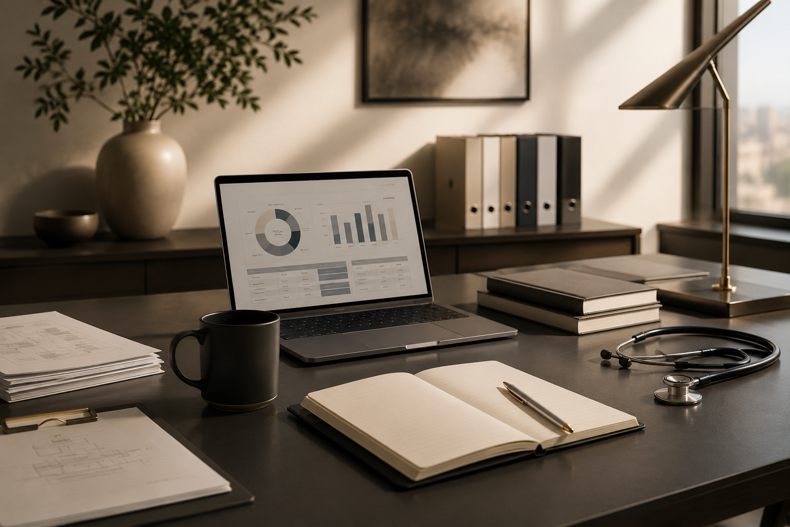 A modern office desk with a laptop displaying graphs, a black mug, a notebook with a pen, stacks of paper, a stethoscope, and a desk lamp. In the background, there is a large plant, a set of binders, and a window.