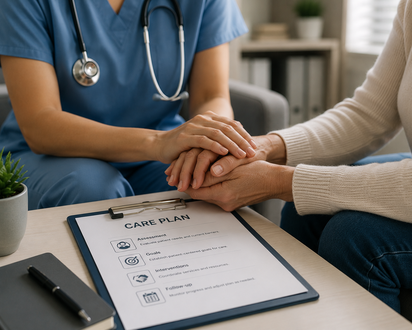 Healthcare professional and patient holding hands during a consultation. A care plan document is on the table, with a pen and a notebook nearby.