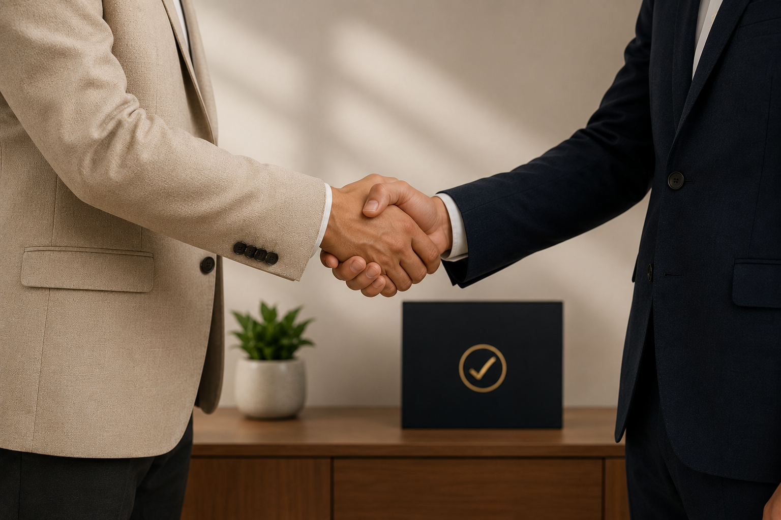 Two people in suits shaking hands in an office setting with a small potted plant and a black box with a checkmark on it in the background.