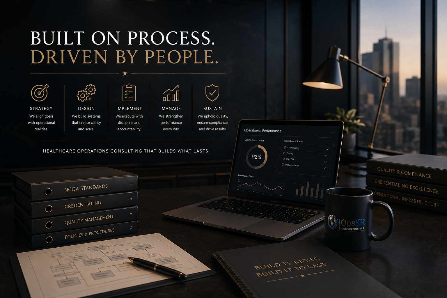 A dark office desk with a laptop displaying operational performance charts, stacks of black binders labeled 'NCQA Standards,' 'Credentialing,' 'Quality Management,' and 'Policies & Procedures,' a black mug with the OpsKR logo, a notebook with the phrase 'Build it right. Build it to last,' a pen, and a blueprint, with a city skyline visible through large windows.