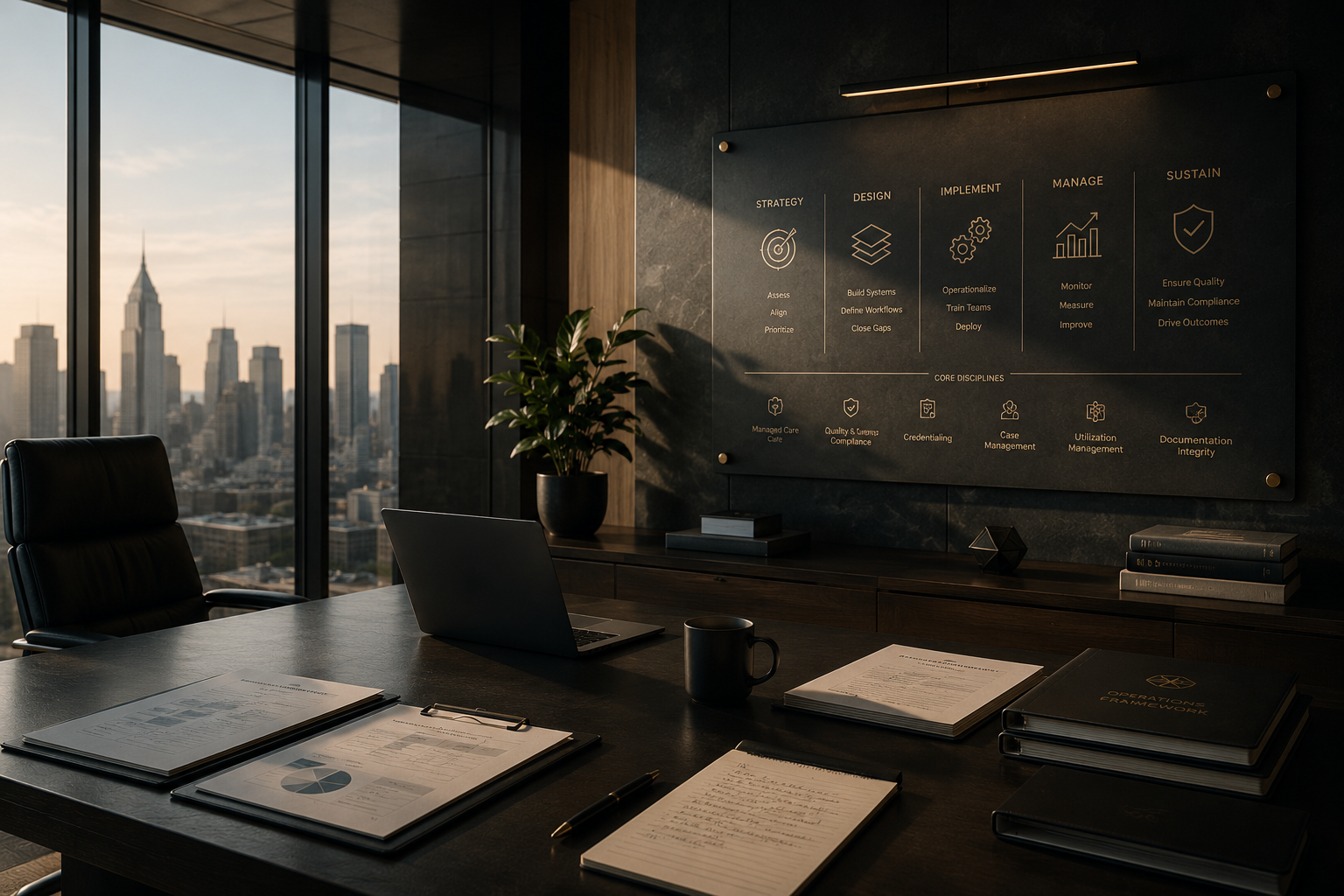 Modern office conference room with a view of a city skyline through large windows, a black conference table with documents, a pen, a laptop, a mug, and a notepad, and a wall-mounted strategy and management chart.