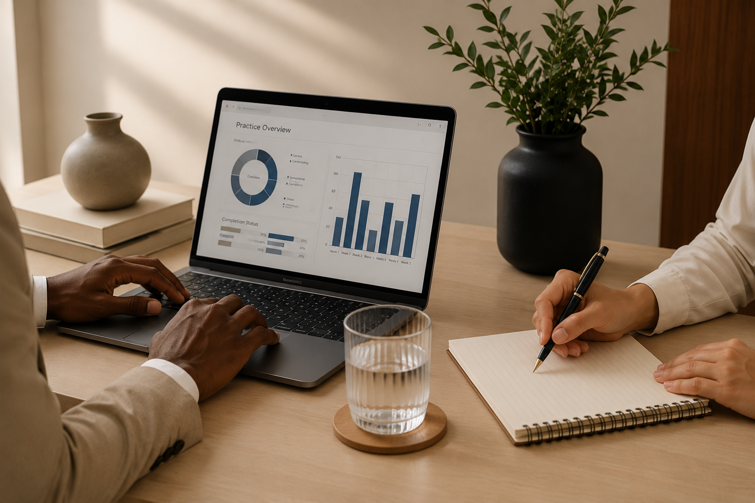 Two people at a wooden table working with a laptop displaying charts and graphs, a glass of water, a spiral notepad, and decorative vases.