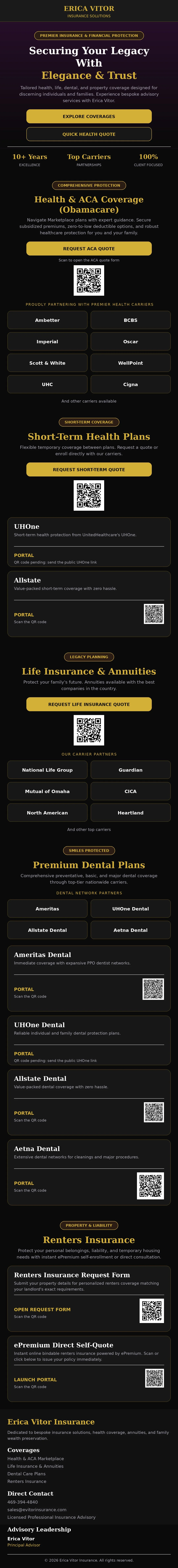 An advertisement for Erica Vitor Insurance, highlighting health, dental, life, and renter's insurance plans, with options for quotes, coverage details, and online portals.