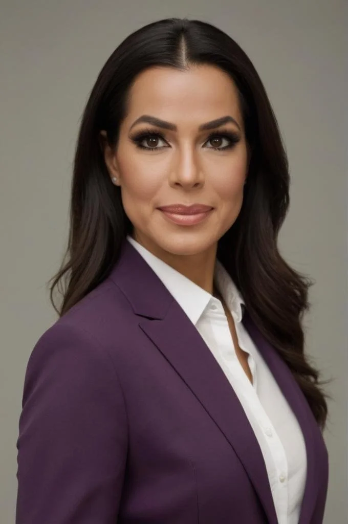 Professional portrait of Texas Insurance Broker Erica Vitor wearing a purple blazer and white shirt, looking confidently at the camera.