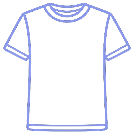 Outline drawing of a blank black T-shirt with short sleeves and a round neckline.
