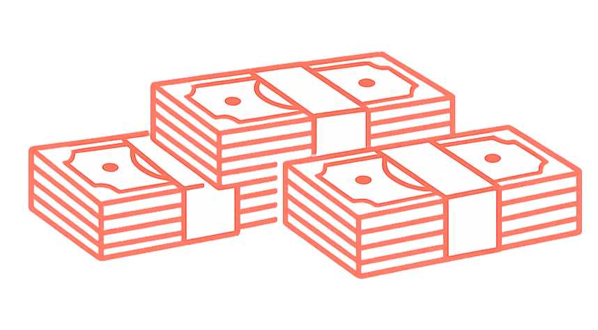 Stacks of pink paper money with white and red details.